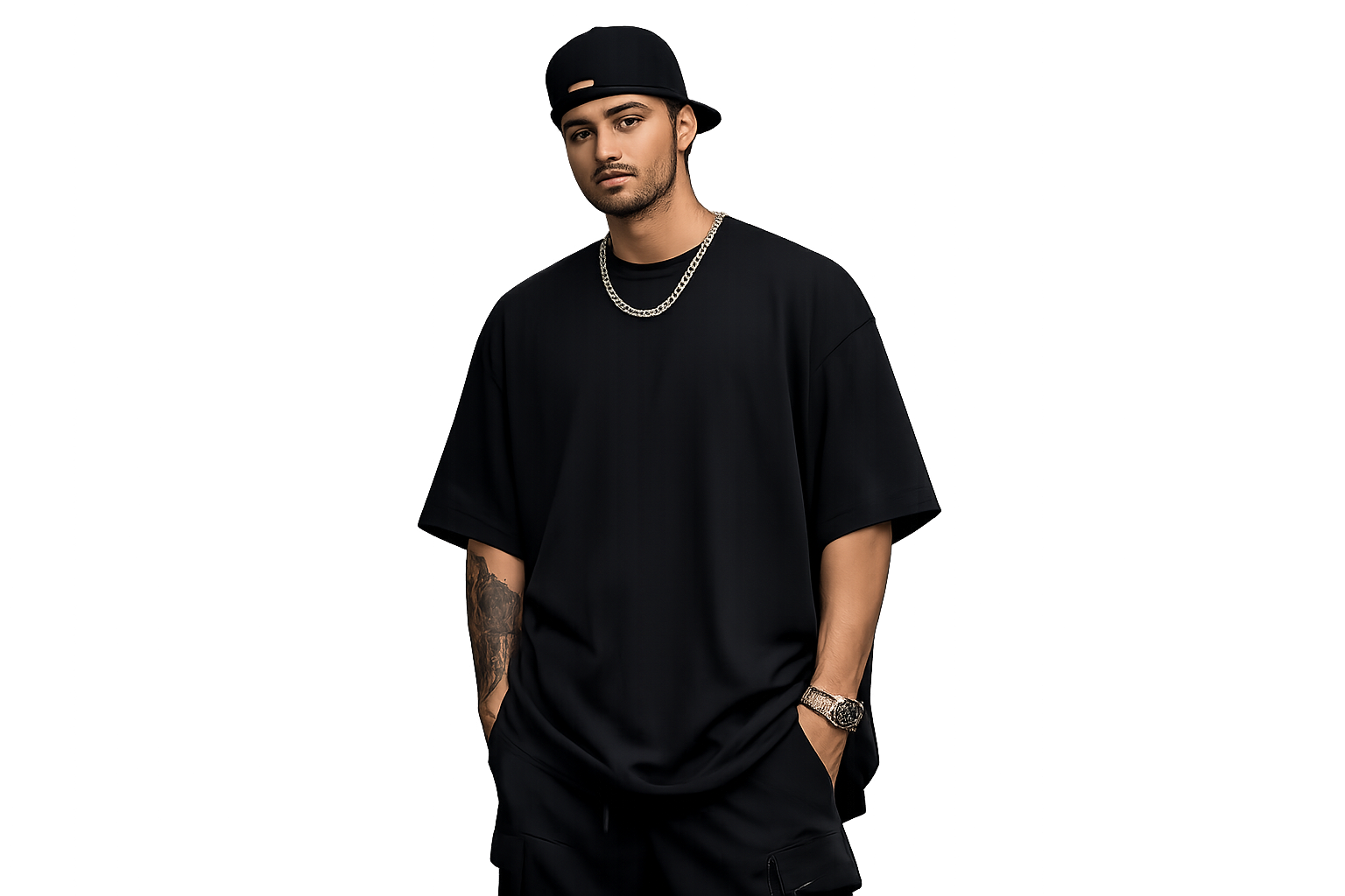 Male streetwear model wearing premium black oversized TAKN tshirt styled by Nexussortwll
