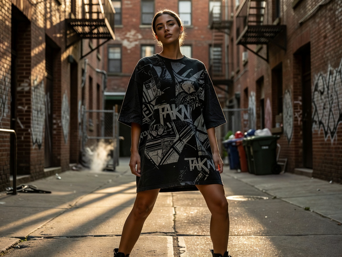 TAKN Shattered Reality Graphic Tee styled on model near urban background scene
