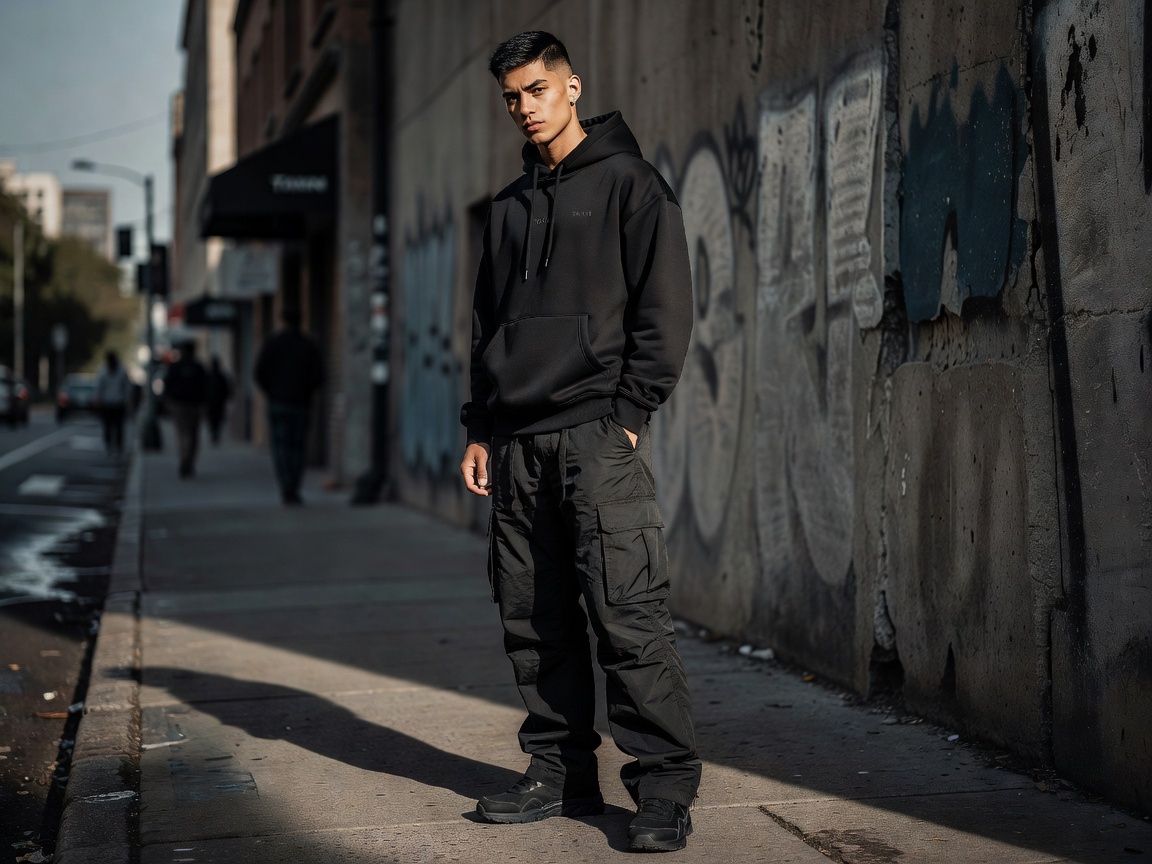 TAKN streetwear style feed post model wearing black heavy tee