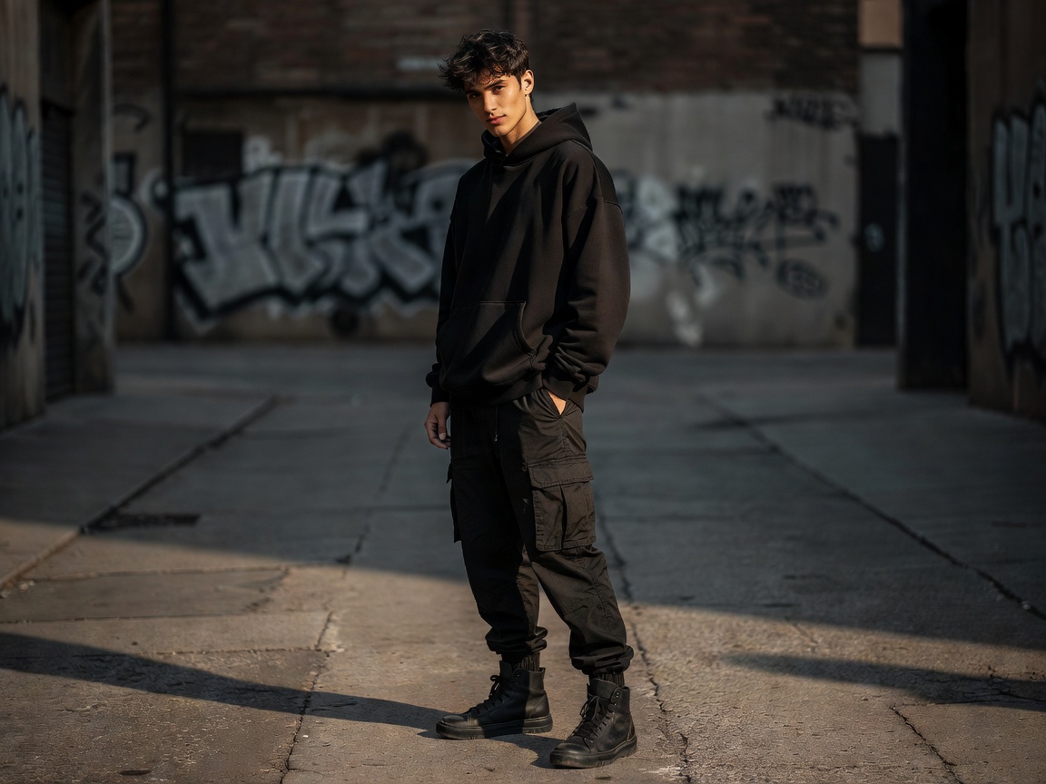TAKN streetwear style feed post model posing near architectural geometry