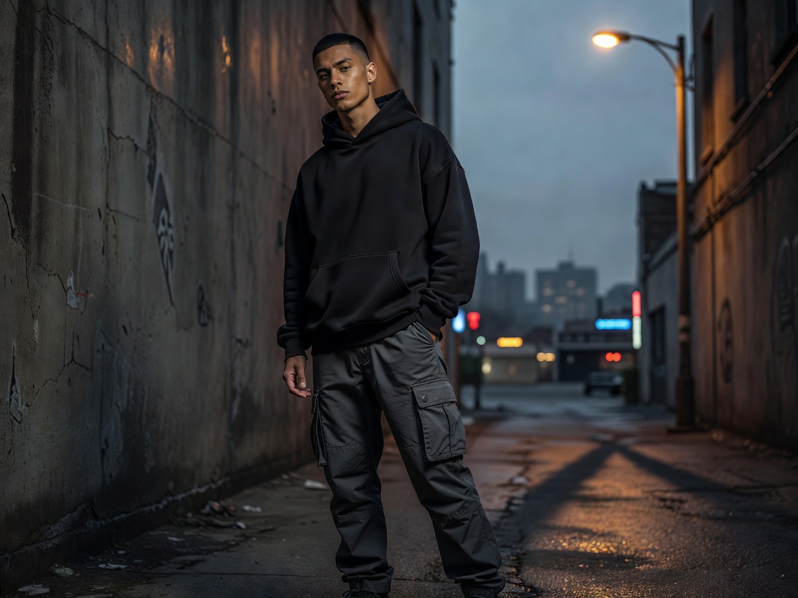 TAKN streetwear style feed post model displaying signature raw hem styling